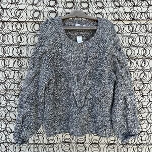 Gap gray white chunky knit fisherman weave sweater wool blend LARGE NWT